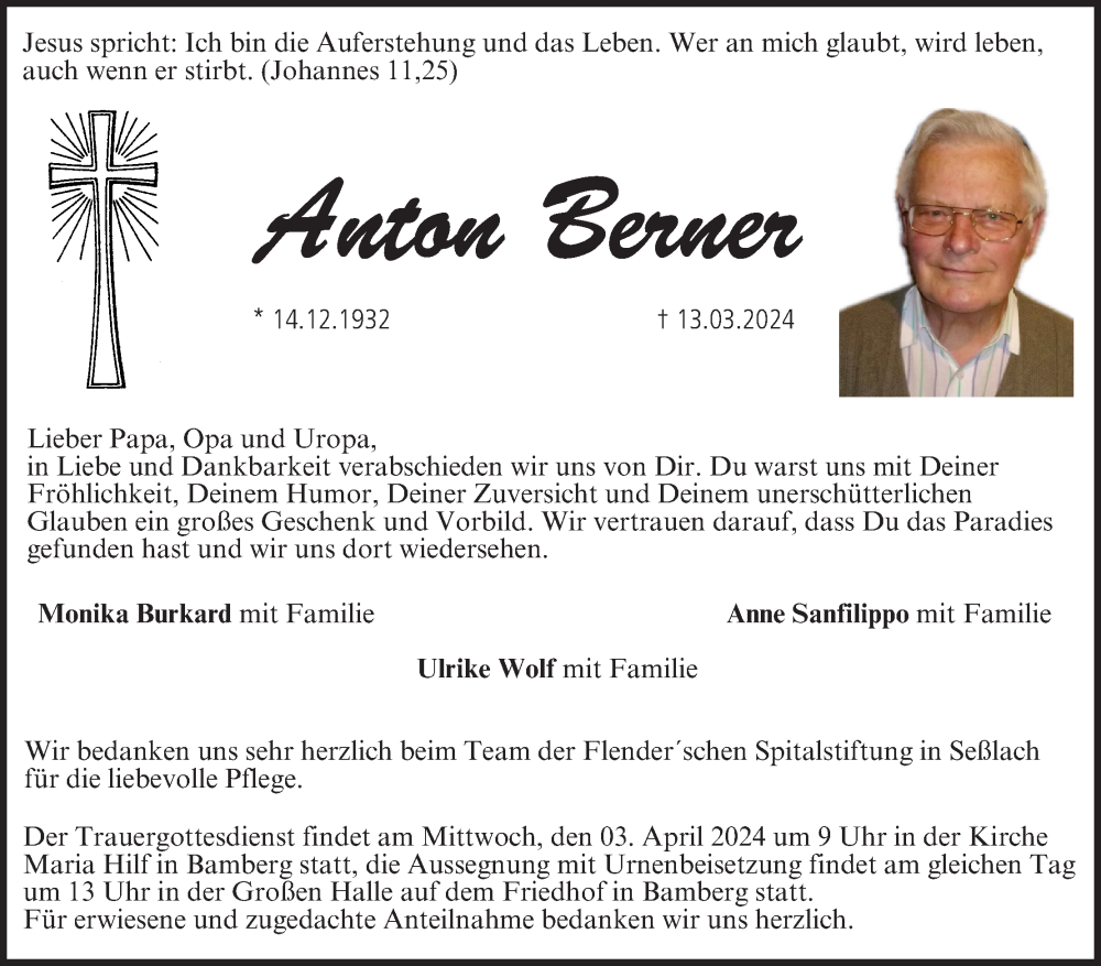  Traueranzeige für Anton Berner vom 30.03.2024 aus MGO