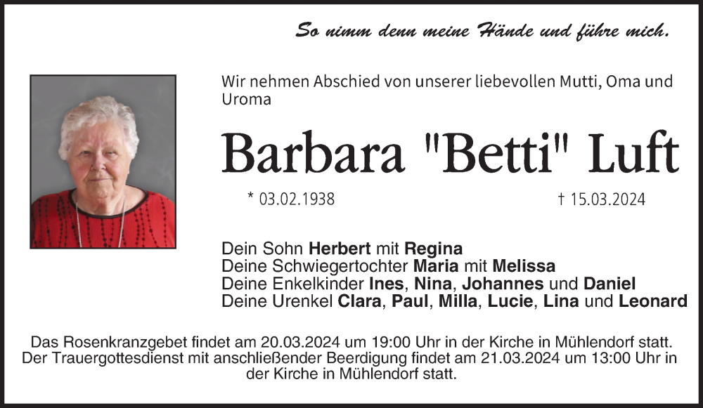  Traueranzeige für Barbara Luft vom 20.03.2024 aus MGO