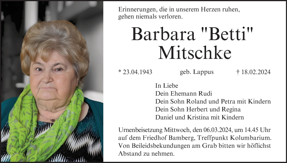  Traueranzeige für Barbara Mitschke vom 02.03.2024 aus MGO