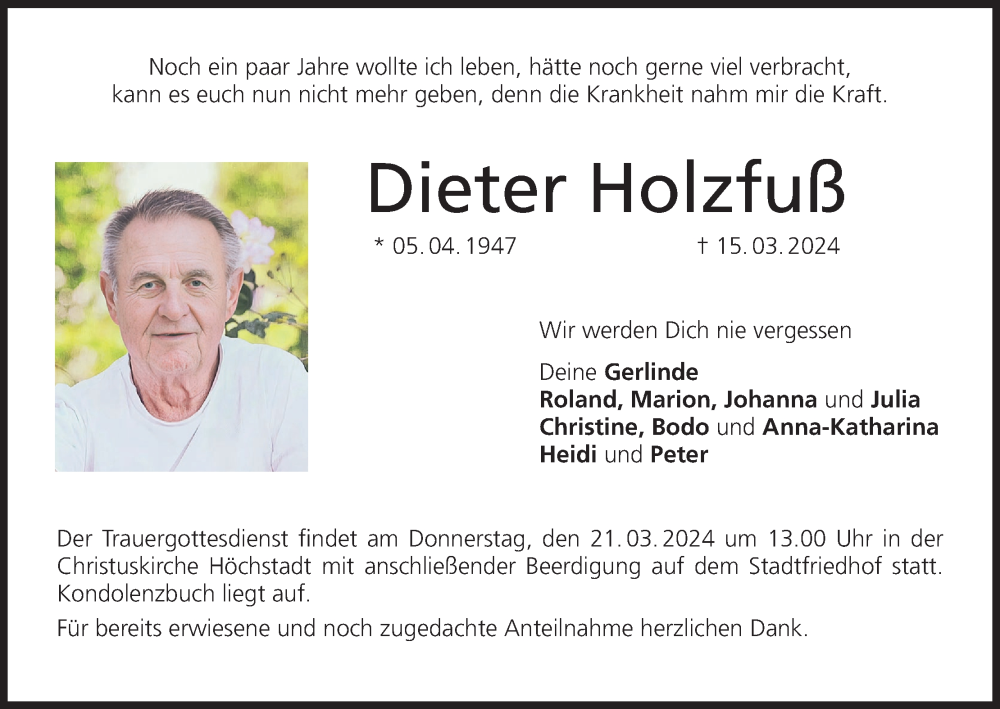  Traueranzeige für Dieter Holzfuß vom 19.03.2024 aus MGO