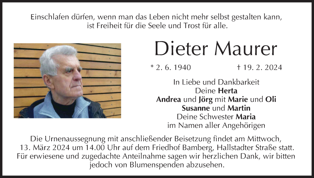  Traueranzeige für Dieter Maurer vom 09.03.2024 aus MGO