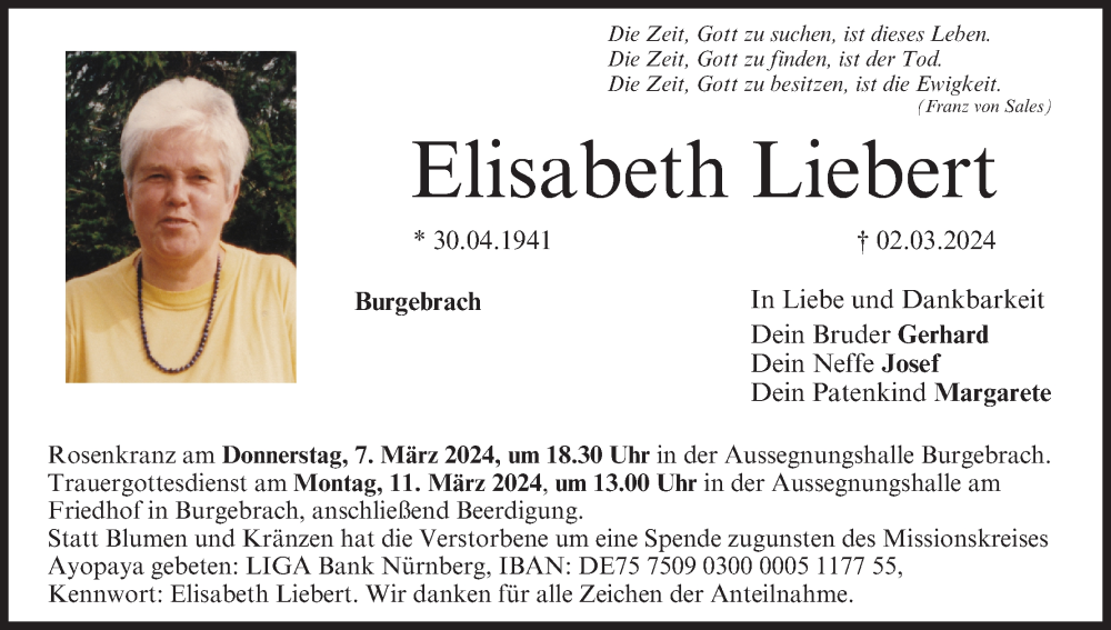  Traueranzeige für Elisabeth Liebert vom 05.03.2024 aus MGO