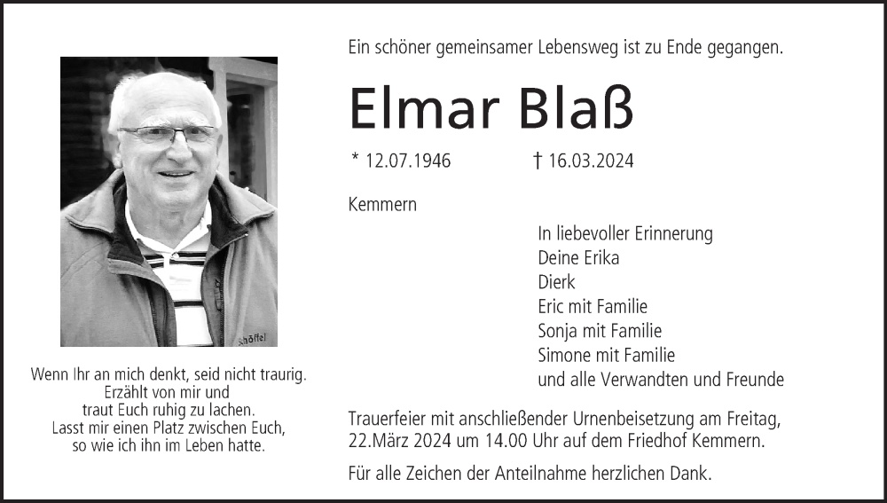  Traueranzeige für Elmar Blaß vom 19.03.2024 aus MGO