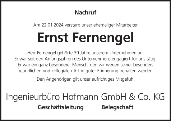 Anzeige von Ernst Fernengel von MGO