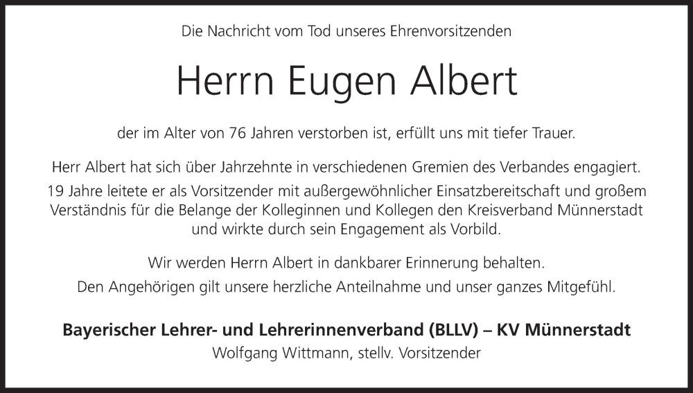  Traueranzeige für Eugen Albert vom 28.03.2024 aus MGO