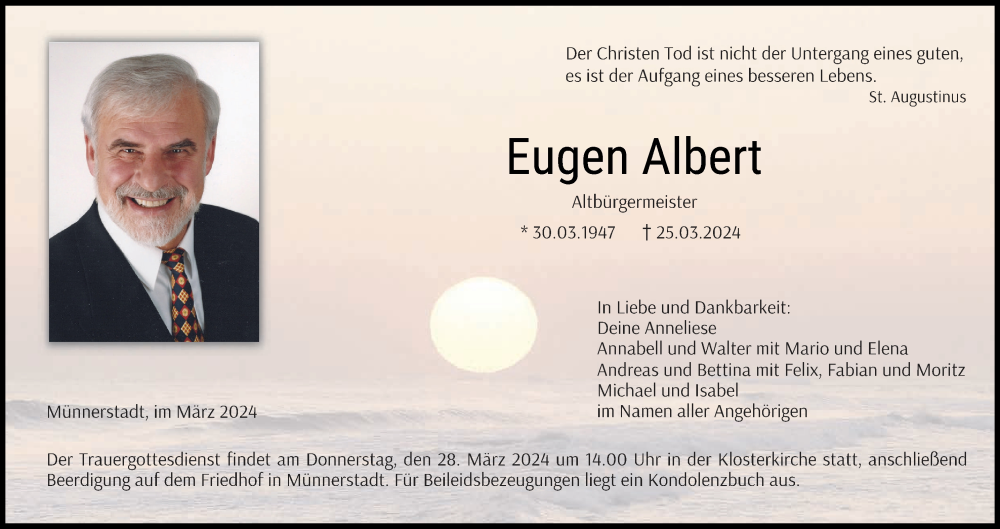  Traueranzeige für Eugen Albert vom 27.03.2024 aus MGO