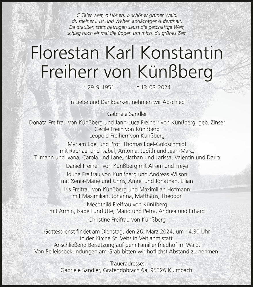  Traueranzeige für Florestan Karl Konstantin Freiherr von Künßberg vom 22.03.2024 aus MGO