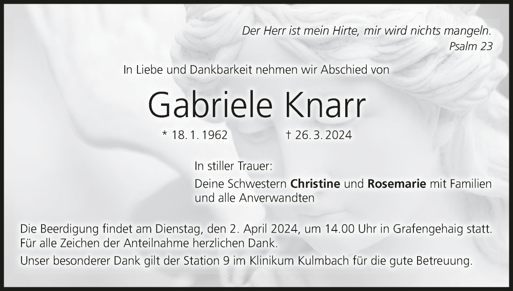  Traueranzeige für Gabriele Knarr vom 30.03.2024 aus MGO
