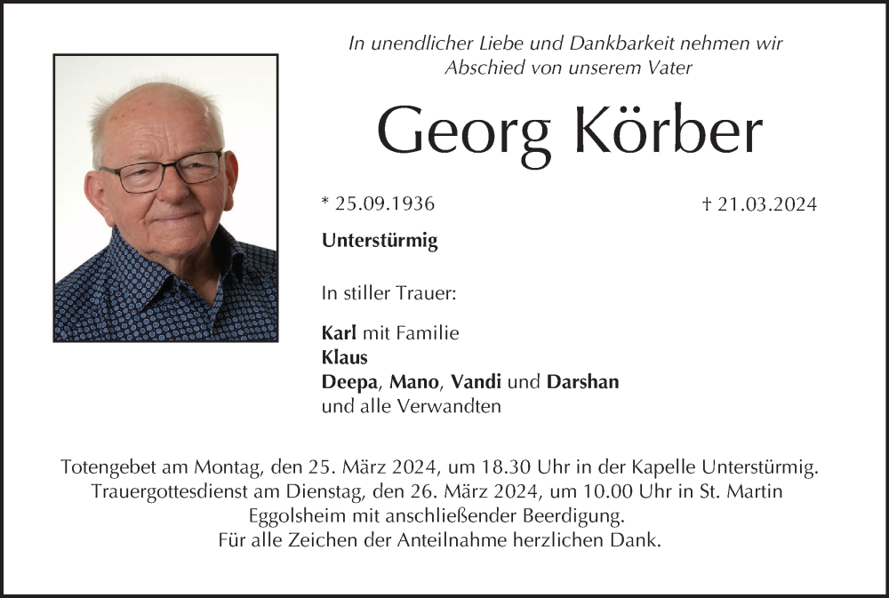  Traueranzeige für Georg Körber vom 23.03.2024 aus MGO