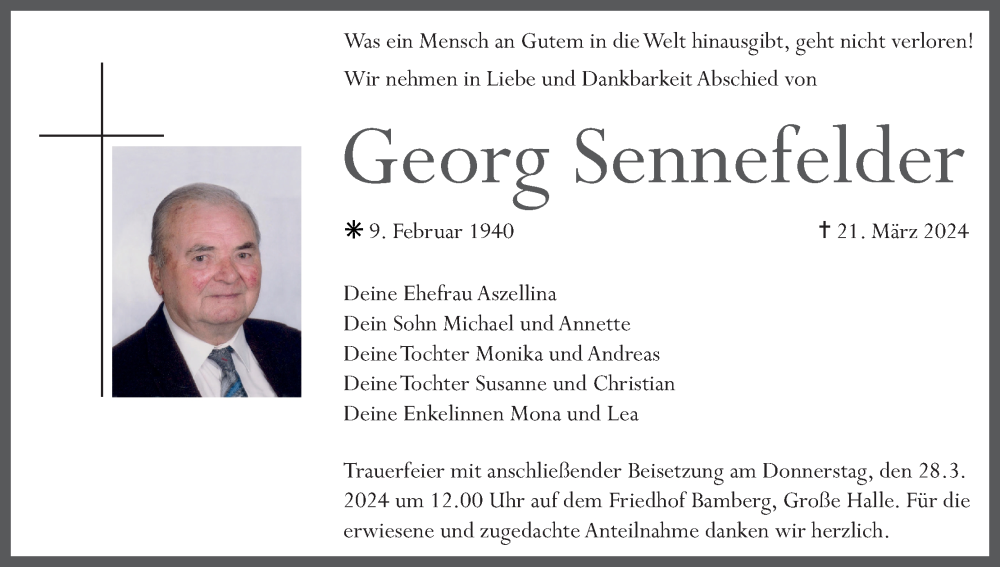  Traueranzeige für Georg Sennefelder vom 23.03.2024 aus MGO