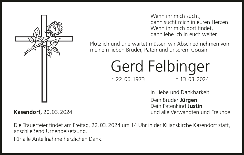  Traueranzeige für Gerd Felbinger vom 20.03.2024 aus MGO