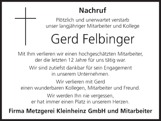 Anzeige von Gerd Felbinger von MGO