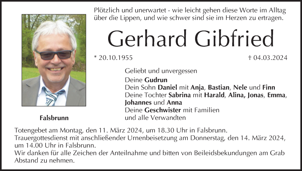  Traueranzeige für Gerhard Gibfried vom 09.03.2024 aus MGO