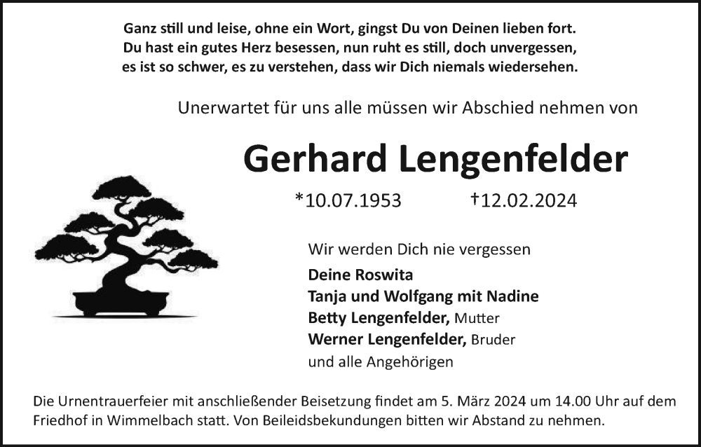  Traueranzeige für Gerhard Lengenfelder vom 02.03.2024 aus MGO