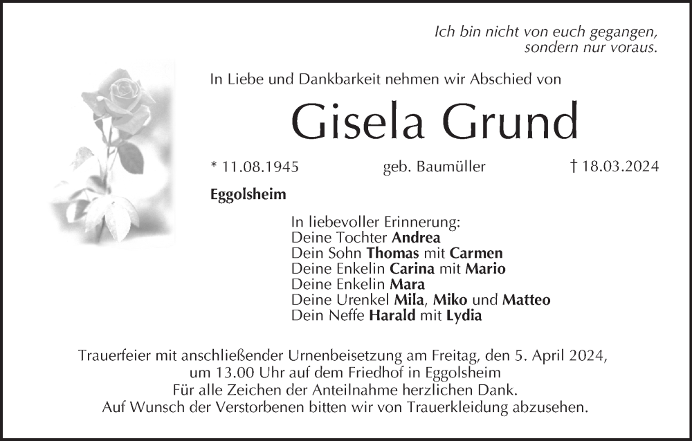  Traueranzeige für Gisela Grund vom 30.03.2024 aus MGO