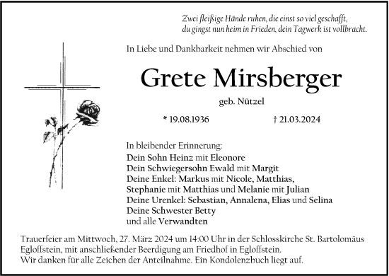 Anzeige von Grete Mirsberger von MGO