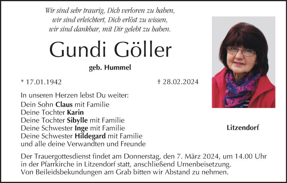  Traueranzeige für Gundi Göller vom 02.03.2024 aus MGO