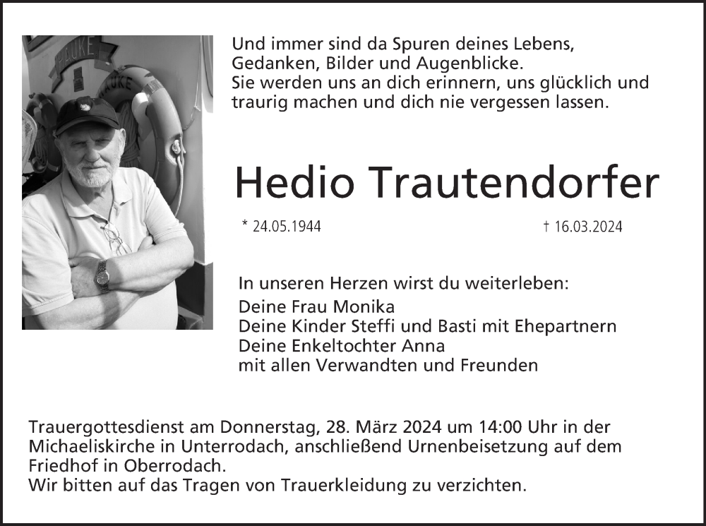  Traueranzeige für Hedio Trautendorfer vom 26.03.2024 aus MGO