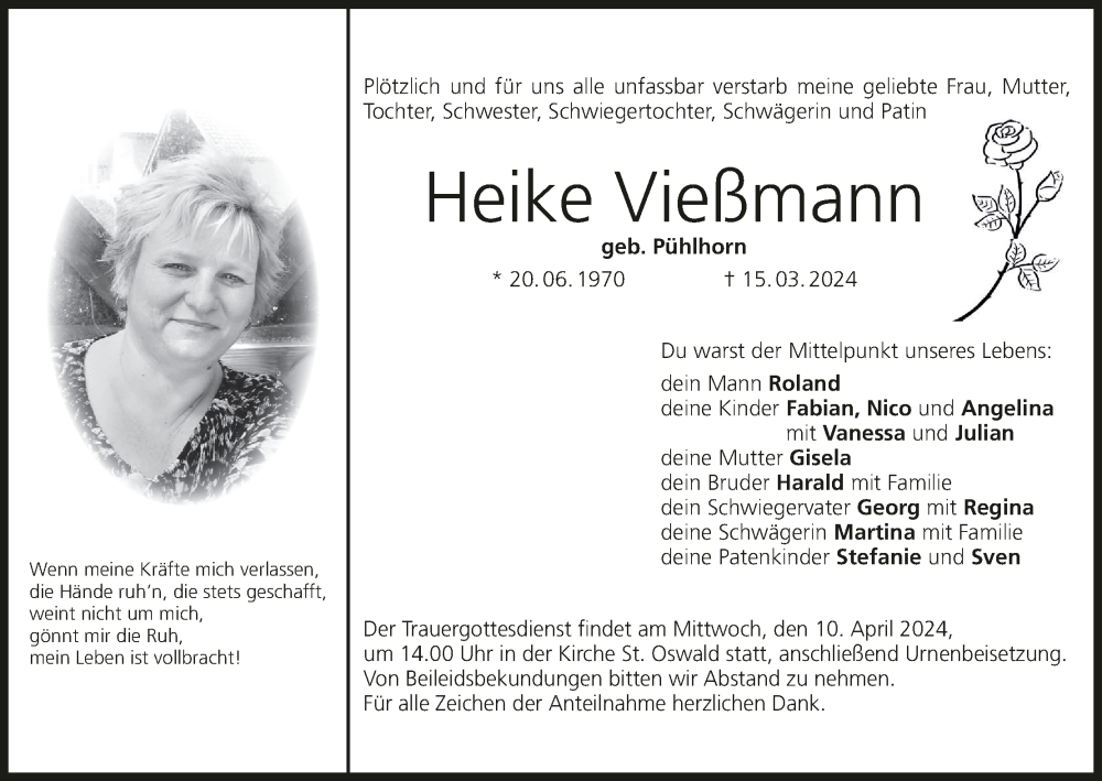 Traueranzeige für Heike Vießmann vom 30.03.2024 aus MGO