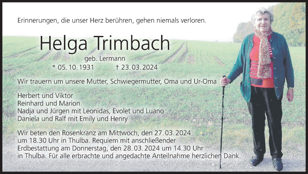  Traueranzeige für Helga Trimbach vom 26.03.2024 aus MGO