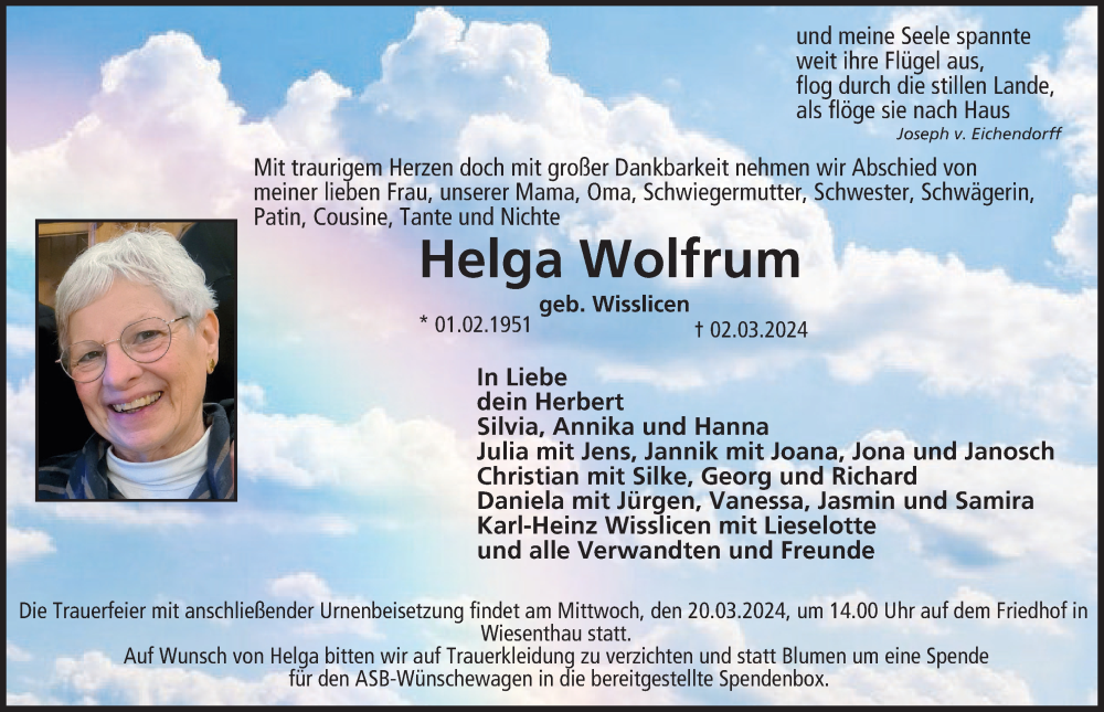  Traueranzeige für Helga Wolfrum vom 09.03.2024 aus MGO