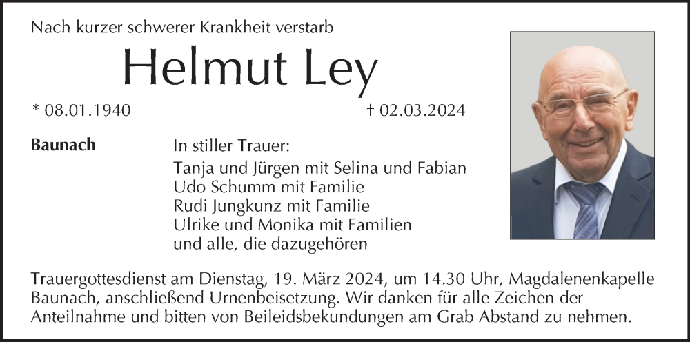  Traueranzeige für Helmut Ley vom 16.03.2024 aus MGO