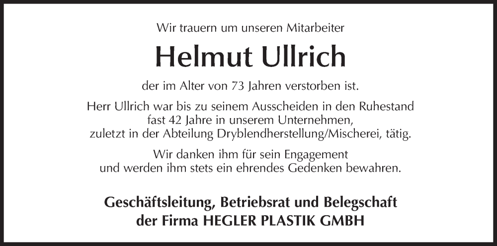  Traueranzeige für Helmut Ullrich vom 28.03.2024 aus MGO