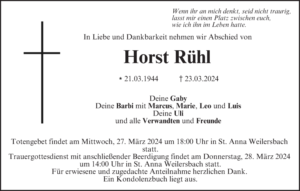  Traueranzeige für Horst Rühl vom 26.03.2024 aus MGO