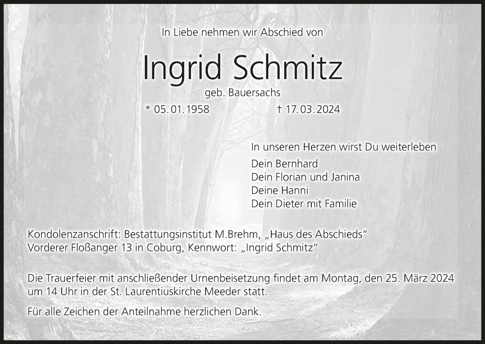  Traueranzeige für Ingrid Schmitz vom 21.03.2024 aus MGO