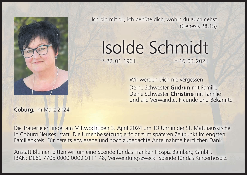  Traueranzeige für Isolde Schmidt vom 28.03.2024 aus MGO