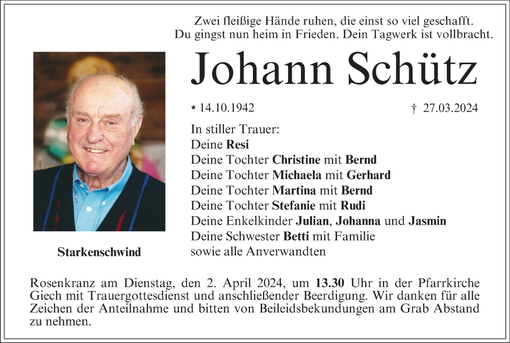 Traueranzeige für Johann Schütz vom 30.03.2024 aus MGO