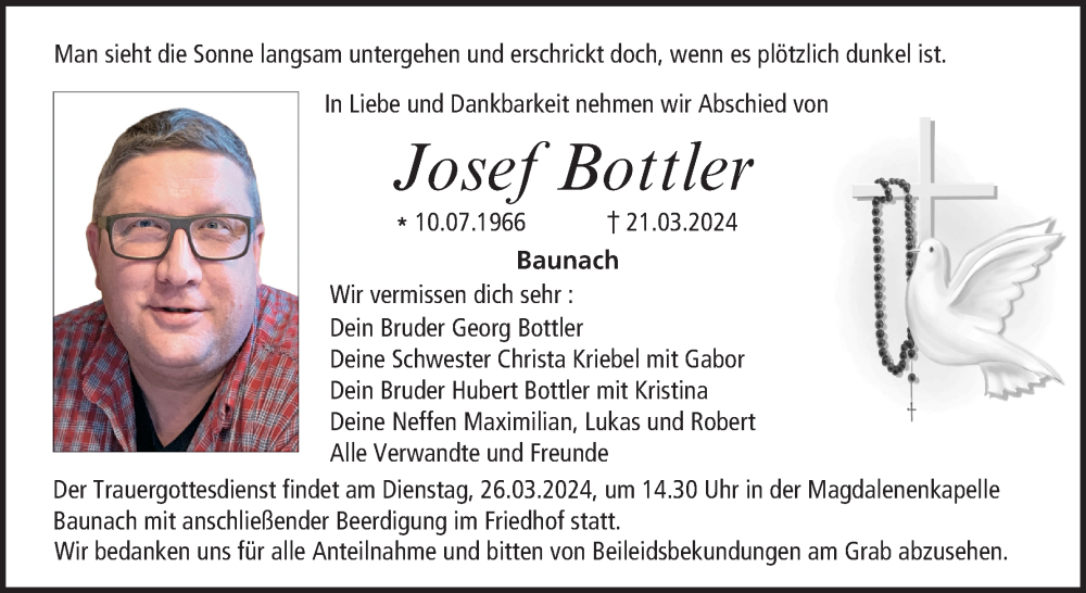  Traueranzeige für Josef Bottler vom 23.03.2024 aus MGO
