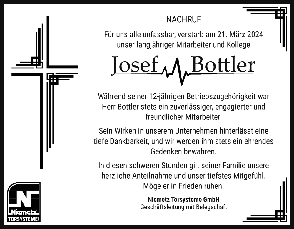  Traueranzeige für Josef Bottler vom 25.03.2024 aus MGO