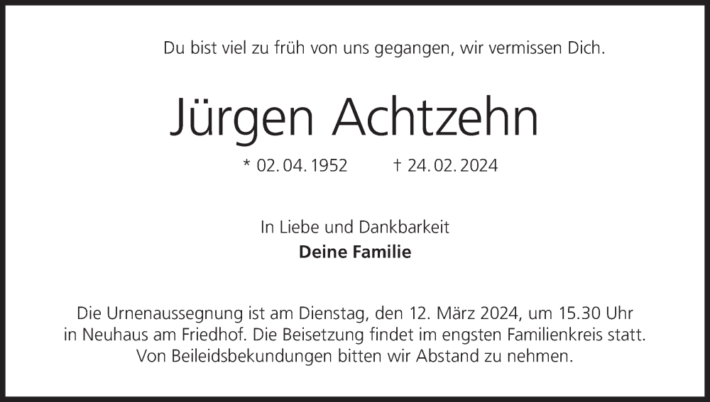  Traueranzeige für Jürgen Achtzehn vom 09.03.2024 aus MGO