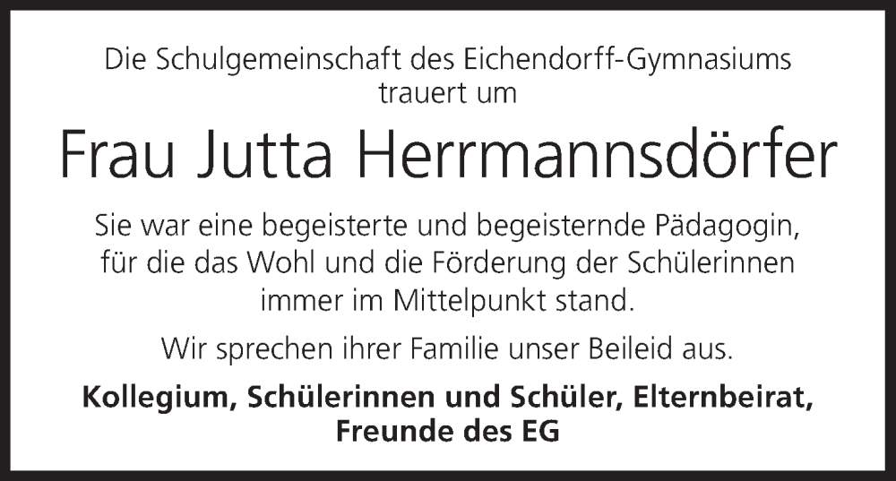  Traueranzeige für Jutta Herrmannsdörfer vom 23.03.2024 aus MGO