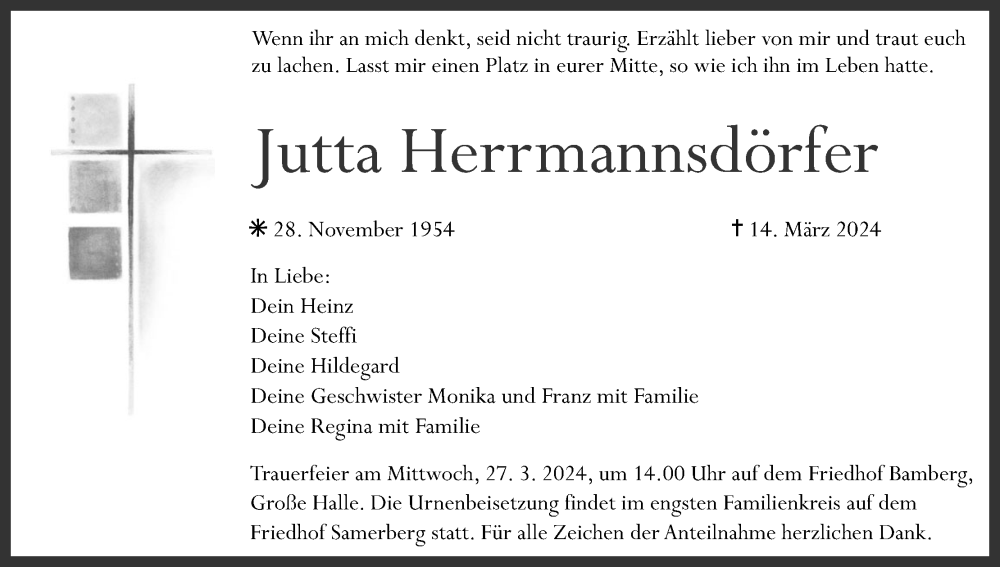  Traueranzeige für Jutta Herrmannsdörfer vom 23.03.2024 aus MGO