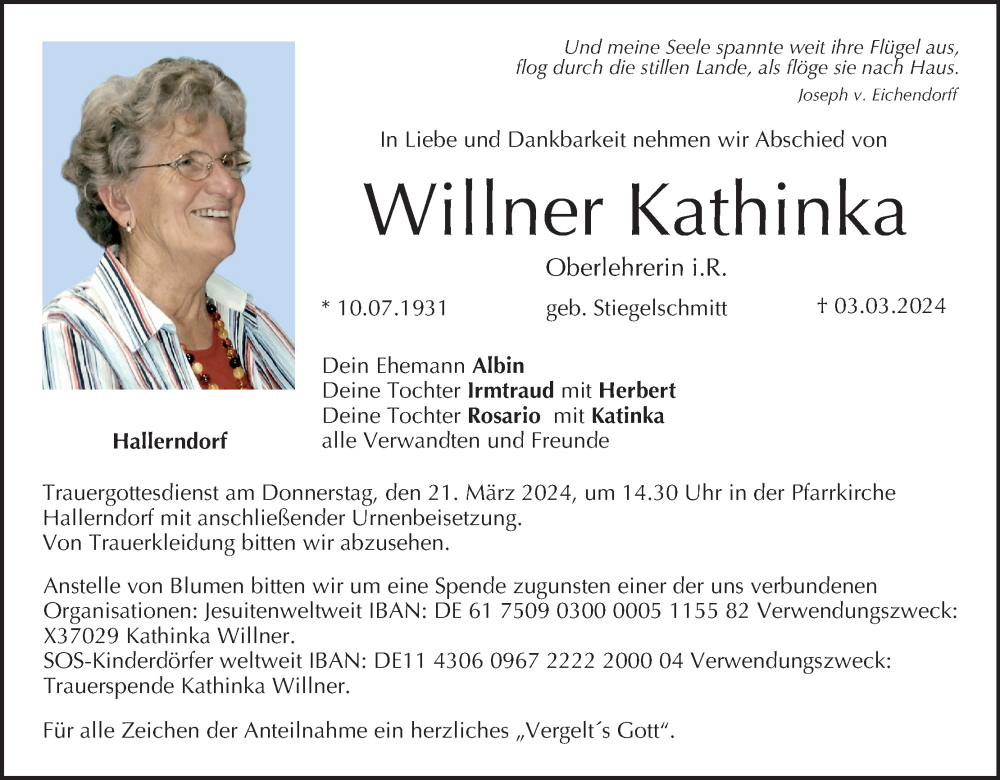  Traueranzeige für Kathinka Willner vom 16.03.2024 aus MGO