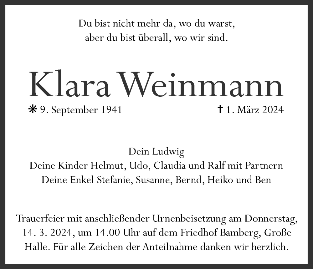  Traueranzeige für Klara Weinmann vom 09.03.2024 aus MGO