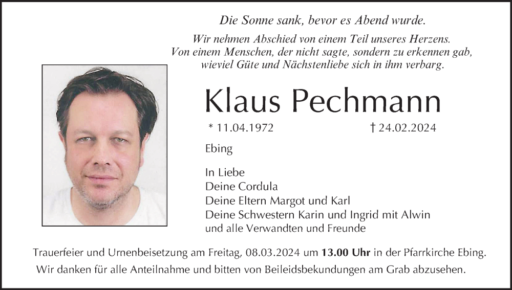  Traueranzeige für Klaus Pechmann vom 02.03.2024 aus MGO