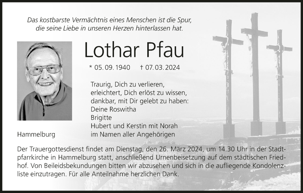  Traueranzeige für Lothar Pfau vom 16.03.2024 aus MGO