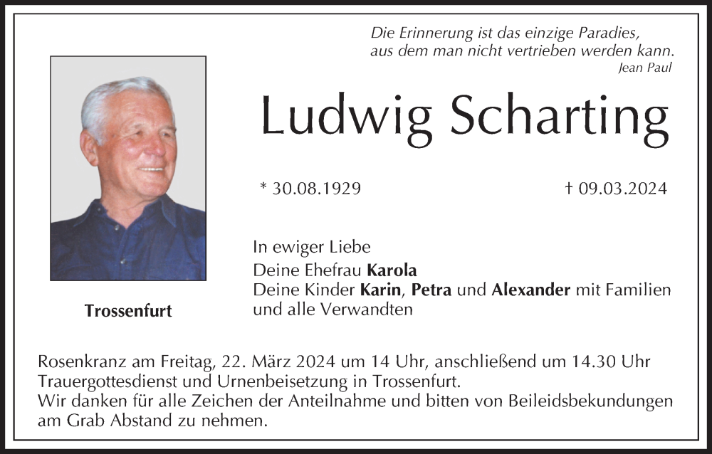  Traueranzeige für Ludwig Scharting vom 16.03.2024 aus MGO