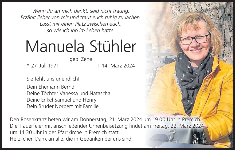  Traueranzeige für Manuela Stühler vom 16.03.2024 aus MGO