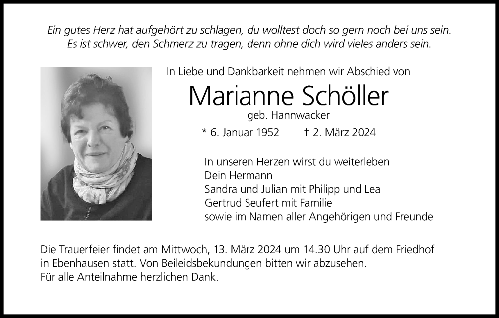  Traueranzeige für Marianne Schöller vom 09.03.2024 aus MGO