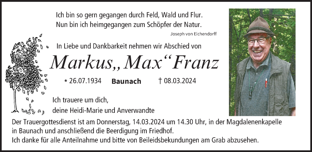  Traueranzeige für Markus Franz vom 12.03.2024 aus MGO