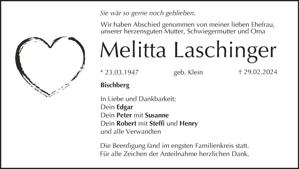  Traueranzeige für Melitta Laschinger vom 23.03.2024 aus MGO