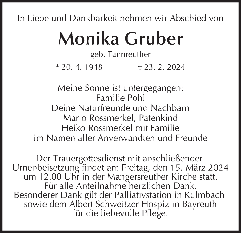  Traueranzeige für Monika Gruber vom 12.03.2024 aus MGO