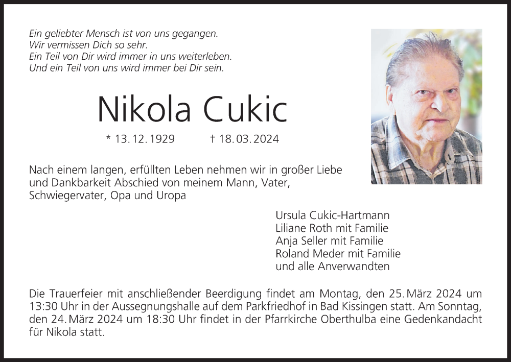  Traueranzeige für Nikola Cukic vom 23.03.2024 aus MGO