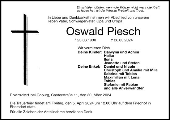 Anzeige von Oswald Piesch von MGO