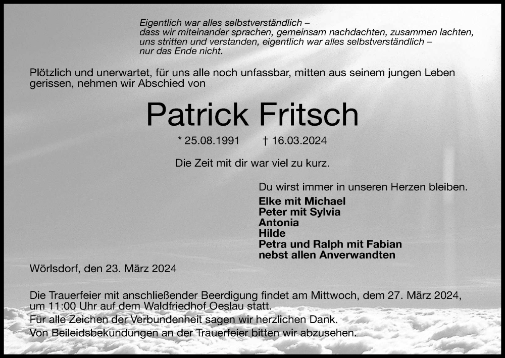  Traueranzeige für Patrick Fritsch vom 23.03.2024 aus MGO