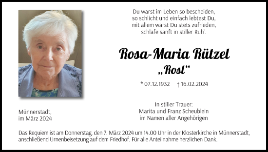 Anzeige von Rosa-Maria Rützel von MGO